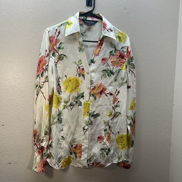 BROOKS BROTHERS Top Womens 12 100% Silk Satin Shirt Button Up Long Sleeve Floral - Picture 1 of 8